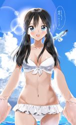 Rule 34 | 1girl, :d, animal, bare arms, bare shoulders, bikini, bird, black hair, blue eyes, blue sky, blush, breasts, cloud, commentary, cowboy shot, day, frilled bikini, frills, groin, hair between eyes, hair over shoulder, highres, long hair, looking at viewer, low twintails, navel, open mouth, original, outdoors, pentagon (railgun ky1206), sky, small breasts, smile, solo focus, standing, swimsuit, translated, twintails, water, white bikini