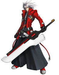 Rule 34 | 1boy, arc system works, belt, black pants, blazblue, blazblue: calamity trigger, boots, cable, frown, full body, gloves, green eyes, hakama, hakama pants, heterochromia, huge weapon, jacket, japanese clothes, male focus, mori toshimichi, official art, open clothes, open jacket, pants, ragna the bloodedge, red eyes, short hair, simple background, solo, spiked hair, standing, strap, sword, weapon, white hair