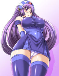 Rule 34 | 1girl, arms behind back, bare shoulders, blush, boots, breasts, cameltoe, glasses, gluko, headset, huge breasts, long hair, mon colle knights, open mouth, panties, purple eyes, purple hair, rokumon tengai mon colle knight, solo, standing, thigh boots, thighhighs, tonpuu, underwear