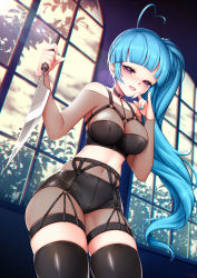Rule 34 | 1girl, ahoge, artist name, black thighhighs, blue hair, blue nails, blush, breasts, garter belt, glint, highres, holding, holding knife, knife, long hair, medium breasts, nail polish, navel, nose blush, original, parted lips, pinky out, purple eyes, rewolf, side ponytail, solo, standing, thighhighs, window