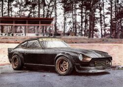 Rule 34 | absurdres, ballpoint pen (medium), bare tree, cable, car, commentary, datsun, datsun 240z, english commentary, forest, highres, motor vehicle, nature, nissan, nissan fairlady z, no humans, original, outdoors, pavlo scherbatyuk, shadow, sports car, traditional media, tree, vehicle focus