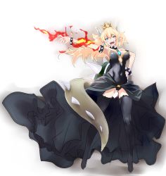 Rule 34 | 1girl, :d, adapted costume, armlet, armpit crease, armpits, bare shoulders, between breasts, black collar, black leotard, blonde hair, blue gemstone, borrowed design, bowsette, bracelet, breasts, breasts apart, collar, commentary request, covered navel, crown, earrings, full body, gem, gold trim, groin, hand on own hip, highres, hip bones, horns, jewelry, kawagishi keitarou, knees, large breasts, legs apart, leotard, long hair, long legs, looking at viewer, mario (series), necklace, new super mario bros. u deluxe, nintendo, open mouth, outstretched arm, outstretched hand, oversized breast cup, overskirt, parted bangs, pendant, pointy ears, ponytail, princess, reaching, sideboob, smile, solo, spiked armlet, spiked bracelet, spiked collar, spiked shell, spiked tail, spikes, strapless, strapless leotard, super crown, tail, teeth, thighhighs, tiptoes, turtle shell, very long hair
