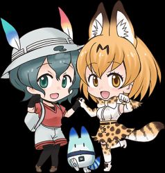 Rule 34 | 10s, 2girls, :d, animal ears, animal print, ankle boots, artist request, backpack, bag, bare shoulders, belt, black eyes, black gloves, black hair, black ribbon, blush stickers, boots, bow, bowtie, brown belt, brown footwear, bucket hat, chibi, clenched hand, cross-laced clothes, dot nose, elbow gloves, extra ears, eyelashes, footwear ribbon, full body, gloves, hair between eyes, hand up, hat, hat feather, high-waist skirt, holding hands, kaban (kemono friends), kemono friends, knees together feet apart, leg lift, loafers, looking at viewer, lowres, lucky beast (kemono friends), multiple girls, open mouth, orange eyes, orange hair, paw pose, pigeon-toed, print bow, print bowtie, print gloves, print legwear, print neckwear, print skirt, promotional art, red shirt, ribbon, serval (kemono friends), serval print, serval tail, shirt, shoes, short hair, short sleeves, shorts, skirt, sleeveless, sleeveless shirt, smile, standing, standing on one leg, striped tail, symmetrical hand pose, tail, tareme, thighhighs, transparent background, white footwear, white shirt, zettai ryouiki