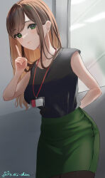 Rule 34 | 1girl, black shirt, blush, brown hair, from side, green eyes, green skirt, highres, id card, index finger raised, long hair, looking at viewer, looking to the side, michan127neko, office lady, original, pencil skirt, shirt, skirt, sleeveless, sleeveless shirt, solo, swept bangs