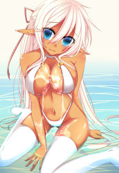 Rule 34 | 1girl, arm support, between legs, bloodcatblack, blue eyes, breasts, dark-skinned female, dark skin, elf, hair ribbon, highres, impossible clothes, impossible swimsuit, large breasts, long hair, looking at viewer, navel, original, partially submerged, pointy ears, ribbon, sitting, slingshot swimsuit, solo, suggestive fluid, swimsuit, thighhighs, very long hair, wariza, water, white hair, white thighhighs