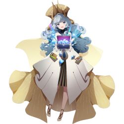 Rule 34 | :d, blue eyes, blue hair, bridal gauntlets, clothing cutout, curly hair, detached sleeves, diamond (gemstone), dress, eversoul, frilled dress, frills, full body, game cg, giving, headdress, hime cut, long hair, non-web source, official art, open mouth, shoulder cutout, smile, tachi-e, ticket, transparent background, treasure chest, turtleneck, veil, white dress, white footwear, yuria (eversoul)