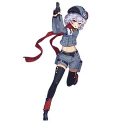 Rule 34 | 1girl, belt, beret, black footwear, black gloves, black thighhighs, blue eyes, blue hair, blue hat, blue jacket, blue shorts, full body, girls&#039; frontline, gloves, gun, handgun, hat, holding, holding gun, holding weapon, holster, jacket, long sleeves, looking at viewer, midriff, military, military uniform, mp-446 (girls&#039; frontline), mp-446 viking, navel, official art, open mouth, red scarf, scarf, short hair, shorts, simple background, solo, standing, standing on one leg, thighhighs, transparent background, uniform, v-shaped eyebrows, weapon, xiao qiang sang