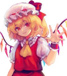 Rule 34 | 1girl, absurdres, ascot, blonde hair, bow, commentary request, crystal, flandre scarlet, flat chest, frilled shirt collar, frills, garan co, hair between eyes, hand up, hat, hat bow, head tilt, highres, mob cap, one side up, open hand, parted lips, puffy short sleeves, puffy sleeves, red bow, red eyes, red skirt, red vest, short hair, short sleeves, simple background, skirt, skirt set, smile, solo, touhou, upper body, vest, waving, white background, white hat, wings, wrist cuffs, yellow ascot
