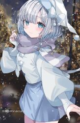 Rule 34 | 1girl, blue eyes, blue nails, blue skirt, bow, closed mouth, grey hair, grey scarf, hat, hat bow, highres, hinakisara, kaga sumire, looking at viewer, outdoors, scarf, short hair, skirt, smile, solo, standing, twitter username, virtual youtuber, vspo!, white bow, white hat, winter clothes