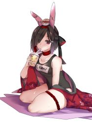 Rule 34 | 1girl, alternate costume, animal ears, azur lane, bare shoulders, black hair, black one-piece swimsuit, bubble tea, choker, collarbone, commentary request, cup, disposable cup, drinking straw, drinking straw in mouth, expressionless, fake animal ears, hair over one eye, hair ribbon, half updo, holding, holding cup, japanese clothes, jitome, kimono, leg ribbon, looking at viewer, metal1020, off shoulder, one-piece swimsuit, rabbit ears, red eyes, ribbon, ribbon choker, school swimsuit, shiranui (azur lane), short hair, sidelocks, simple background, solo, swimsuit, swimsuit under clothes, thigh ribbon, water drop, wet, white background
