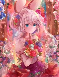 Rule 34 | alternate costume, blue eyes, blue flower, blue rose, clover, commentary, dress, elphelt valentine, flower, frills, guilty gear, hair flower, hair ornament, headband, highres, holding, looking away, own hands clasped, own hands together, pink flower, pink rose, purple flower, purple rose, ribbon, rose, short hair, smile, solo, stained glass, usari sk, veil, white flower, white hair, white rose