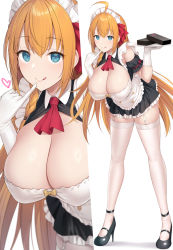 Rule 34 | 1girl, :q, ahoge, alternate costume, ascot, blue eyes, breasts, cleavage, commentary request, enmaided, full body, gloves, high heels, highres, holding, holding plate, large breasts, long hair, looking at viewer, maid, maid headdress, orange hair, pecorine (princess connect!), plate, princess connect!, red ascot, satou kuuki, simple background, solo, standing, thighhighs, tongue, tongue out, white background, white gloves, white thighhighs
