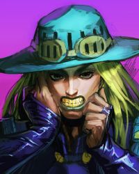 Rule 34 | 1boy, blonde hair, blue hat, blue lips, elbow gloves, gloves, goggles, goggles on headwear, gold teeth, gyro zeppeli, hands up, hat, highres, jojo no kimyou na bouken, lipstick, long hair, looking at viewer, makeup, male focus, purple background, purple eyes, solo, sparrowl, steel ball run, upper body