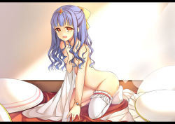 Rule 34 | 1girl, amemiya ruki, bed sheet, blue hair, bracelet, covering privates, covering breasts, curly hair, fingernails, glint, hair censor, hair ornament, highres, jewelry, kneeling, letterboxed, long hair, nail polish, nude, open mouth, original, single thighhigh, solo, sparkle, thighhighs, white thighhighs, yellow eyes