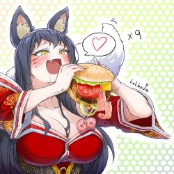 Rule 34 | 1girl, ahri (league of legends), animal ears, bacon, black hair, breasts, cheese, cleavage, commentary request, drooling, facial mark, fang, food, fox ears, fox tail, burger, large breasts, league of legends, lettuce, lolboja, long hair, onion, open mouth, saliva, shrimp, solo, tail, tomato, yellow eyes