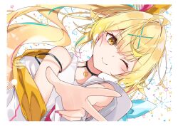 1girl ahoge bad_hands bare_shoulders blonde_hair blunt_bangs dutch_angle hair_intakes hair_ornament highres hikari_yui hoshikawa_sara hoshikawa_sara_(1st_costume) jacket long_hair looking_at_viewer nijisanji off_shoulder one_eye_closed pink_nails side_ponytail smile solo strap_slip tank_top upper_body virtual_youtuber w white_jacket white_tank_top x_hair_ornament yellow_eyes