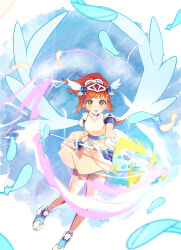 Rule 34 | 1girl, absurdres, arle nadja, belt, blush, dress, falling feathers, feathers, headpiece, highres, holding, holding wand, long hair, magic, open mouth, orange hair, ponytail, puyopuyo, short sleeves, shorts under dress, solo, sorami, wand, winged footwear, wings, yellow eyes