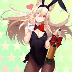 Rule 34 | 1girl, animal ears, bad id, bad twitter id, blonde hair, bottle, bow, bowtie, breasts, brown pantyhose, cleavage, contrapposto, covered navel, cowboy shot, detached collar, fake animal ears, falkyrie no monshou, fingernails, hair between eyes, hairband, heart, highres, kagetomo midori, large breasts, leotard, long fingernails, long hair, medium breasts, \n/, nail polish, one eye closed, pantyhose, playboy bunny, rabbit ears, red eyes, side-tie leotard, smile, solo, standing, wine bottle, wrist cuffs