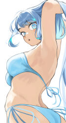 Rule 34 | 1girl, :o, absurdres, armpits, arms up, ass, bare shoulders, bikini, blue bikini, blue eyes, blue hair, boku no hero academia, breasts, bright pupils, commentary, fengling (furin-jp), hadou nejire, highres, long hair, looking at viewer, medium breasts, open mouth, side-tie bikini bottom, simple background, solo, swimsuit, upper body, very long hair, white background, white pupils