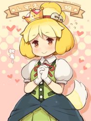 Rule 34 | 1girl, 2018, :&gt;, adapted costume, animal crossing, artist name, bell, brown eyes, check translation, company connection, crown, dated, dog tail, dress, gloves, hair bell, hair ornament, heart, humanization, isabelle (animal crossing), looking at viewer, mario (series), mini crown, neck ribbon, new super mario bros. u deluxe, nintendo, puffy short sleeves, puffy sleeves, ribbon, shigatake, short sleeves, smile, solo, super crown, tail, topknot, translation request, upper body, white gloves