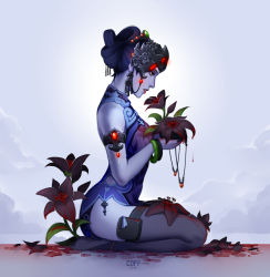 Rule 34 | 1girl, 2019, alternate hair length, alternate hairstyle, armband, artist name, bangle, black lily widowmaker, black nails, bracelet, china dress, chinese clothes, coff, colored skin, dress, earrings, flower, from side, head-mounted display, headgear, highres, jewelry, lily (flower), lips, looking down, nail polish, nose, official alternate costume, overwatch, overwatch 1, petals, pouch, purple dress, purple hair, purple skin, seiza, short dress, short hair, sitting, sleeveless, sleeveless dress, solo, thigh pouch, thighhighs, updo, widowmaker (overwatch)