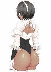 Rule 34 | 1girl, android, artist request, ass, back, black hair, blindfold, breasts, dark-skinned female, dark skin, from behind, gloves, hairband, highres, legs together, leotard, nier (series), nier:automata, ryu seung, shiny skin, short hair, sideboob, smile, solo, thighhighs, thighs, thong, thong leotard, white thighhighs, 2p (nier:automata)