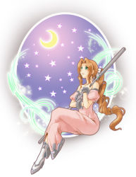 Rule 34 | 1990s (style), 1girl, aerith gainsborough, amano yoshitaka design, bare shoulders, boots, bow, brown hair, crescent moon, dress, final fantasy, final fantasy vii, green eyes, hair bow, highres, long dress, long hair, moon, official alternate costume, pink dress, ponytail, retro artstyle, shoes, smile, solo, staff, star (symbol), uzumaki (skydirt), very long hair