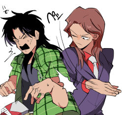 Rule 34 | &gt; &lt;, 2boys, black eyes, black hair, black shirt, blazer, brown hair, cigarette pack, closed eyes, closed mouth, commentary request, facial scar, formal, frown, green shirt, grey jacket, highres, ichijou seiya, inudori, itou kaiji, jacket, kaiji, long hair, long sleeves, looking at another, male focus, medium bangs, multiple boys, necktie, one eye closed, open clothes, open mouth, open shirt, parted bangs, plaid, plaid shirt, red shirt, scar, scar on cheek, scar on ear, scar on face, scar on hand, shirt, short sleeves, simple background, slapping, suit, undershirt, upper body, v-shaped eyebrows, white background, white necktie