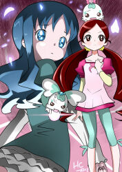 Rule 34 | 2girls, aqua pants, aqua ribbon, blue dress, blue eyes, blue hair, blue sleeves, chypre (heartcatch precure!), clenched hand, closed mouth, coffret (heartcatch precure!), collarbone, commentary request, cowboy shot, creature on head, dress, eyelashes, feet out of frame, frilled dress, frills, from behind, furrowed brow, gan balance, hair ornament, hair scrunchie, hanasaki tsubomi, hand on own chest, heartcatch precure!, holding orb, kurumi erika, layered sleeves, light blush, light frown, long hair, long sleeves, looking at viewer, looking back, low twintails, multiple girls, pants, parted lips, petals, pink background, pink shirt, pink sleeves, precure, puffy short sleeves, puffy sleeves, red eyes, red hair, ribbon, ribbon legwear, scrunchie, shirt, short dress, short over long sleeves, short sleeves, signature, simple background, square neckline, straight-on, twintails, v-shaped eyebrows, very long hair, wavy hair, white sleeves, yellow scrunchie, yellow sleeves