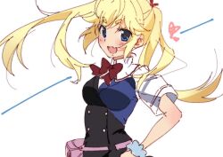 Rule 34 | 1girl, blonde hair, blue eyes, blush, bow, breasts, collared shirt, commentary, fang, floating hair, grisaia (series), grisaia no kajitsu, hand on own hip, heart, long hair, looking at viewer, matsushima michiru, medium breasts, niii, open mouth, red bow, school uniform, shirt, short eyebrows, simple background, skin fang, smile, solo, symbol-only commentary, thick eyebrows, twintails, upper body, white background, white shirt