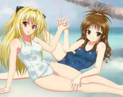 Rule 34 | 2girls, arm support, blonde hair, blurry, blurry background, fuoru, hair intakes, hand on legs, holding hands, konjiki no yami, looking at viewer, multiple girls, school swimsuit, swimsuit, to love-ru, yuuki mikan