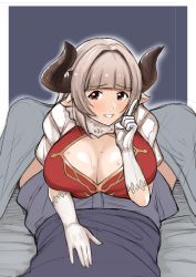 Rule 34 | 10s, 1girl, alicia (granblue fantasy), blush, boxers, breasts, cleavage, draph, dress, earrings, gloves, granblue fantasy, horns, huge breasts, jewelry, long hair, looking at viewer, male underwear, noragami sota, open mouth, pointy ears, pov, red eyes, silver hair, smile, solo, under covers, underwear, white gloves