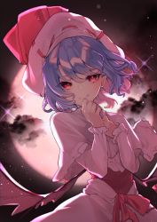 Rule 34 | 1girl, bat wings, blurry, bokeh, capelet, closed mouth, cloud, commentary request, depth of field, dress, fang, finger to mouth, flat chest, full moon, hair between eyes, hand on own chest, hat, hat ribbon, highres, kappa mame, light purple hair, light smile, looking at viewer, moon, night, night sky, pink dress, pink hat, pink ribbon, red eyes, red sash, remilia scarlet, ribbon, ribbon-trimmed headwear, ribbon trim, sash, short hair, sky, slit pupils, solo, sparkle, star (sky), touhou, upper body, wings