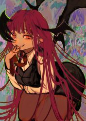 Rule 34 | 1girl, abstract background, absurdres, arm under breasts, bat wings, bent over, eyebrows hidden by hair, grin, head wings, highres, kneeling, koakuma, long hair, looking at viewer, nail polish, necktie, one-hour drawing challenge, pantyhose, red eyes, red hair, red nails, red necktie, smile, solo, touhou, very long hair, wings, yamazaki tsukune