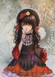 Rule 34 | animal, animal on head, bad id, bad pixiv id, bird, bird on head, black dress, brown eyes, brown hair, candy, dress, flower, food, hair flower, hair ornament, hand up, highres, janyo, lollipop, looking at viewer, on head, solo, standing, twintails, wide sleeves, wrist cuffs