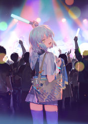 Rule 34 | 1girl, :d, bag, blue hair, blue skirt, cowboy shot, fang, fingernails, from behind, hair between eyes, hair ornament, hairclip, hand up, holding, lens flare, looking at viewer, looking back, nail polish, neon lights, open mouth, original, pleated skirt, purple thighhighs, rei (sanbonzakura), shoulder bag, skirt, smile, solo focus, thighhighs, white nails, wristband, x hair ornament, yellow eyes, zettai ryouiki