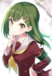 Rule 34 | 1girl, absurdres, armband, blush, breasts, brown dress, brown eyes, closed mouth, collarbone, commentary request, dress, floating hair, green armband, green hair, hair ornament, hairclip, hand on own chin, hand on own hip, hasu no sora school uniform, highres, link! like! love live!, long hair, long sleeves, looking at viewer, love live!, medium breasts, neckerchief, oogami sachi, rassie s, safety pin, sailor collar, sailor dress, school uniform, smile, solo, split mouth, straight hair, swept bangs, upper body, white sailor collar, winter uniform, yellow neckerchief