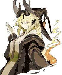 Rule 34 | 1girl, absurdres, arknights, black hat, black necktie, black robe, blonde hair, collared shirt, flame-tipped tail, hat, highres, hooded robe, horns, necktie, official alternate costume, reed (arknights), reed the flame shadow (arknights), reed the flame shadow (curator) (arknights), robe, shirt, simple background, taiiiyakiii, white background, witch hat, yellow eyes