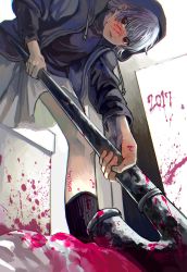 Rule 34 | .flow, 1girl, bad id, bad pixiv id, blood, blood on clothes, blood on face, blood on wall, bloody weapon, breasts, chromatic aberration, dated, highres, holding, holding smoking pipe, industrial pipe, pink blood, sabitsuki, short hair, shousan (hno3syo), skirt, sleeveless, sleeveless turtleneck, smoking pipe, solo, turtleneck, weapon, white hair