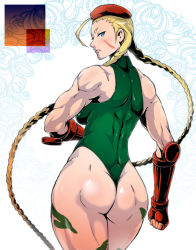Rule 34 | 1990s (style), 1girl, ahoge, armband, armpits, ass, back, bare shoulders, beret, blonde hair, blue eyes, braid, breasts, cammy white, camouflage, capcom, curvy, elbow gloves, fingerless gloves, from behind, gauntlets, gloves, hat, hekemori, highleg, highleg leotard, hip focus, huge ahoge, huge ass, legs, leotard, long hair, looking back, muscular, muscular female, retro artstyle, scar, shiny skin, sideboob, skin tight, solo, street fighter, street fighter ii (series), thighs, thong leotard, thumbs up, twin braids, wide hips, yunioshi