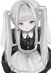 Rule 34 | 1girl, apron, aqua eyes, black dress, blunt bangs, blush, buttons, closed mouth, collared dress, dress, hair intakes, hands up, highres, holding, holding own hair, long hair, looking at viewer, original, pale skin, puffy short sleeves, puffy sleeves, shiona (siona0625), short sleeves, simple background, solo, straight hair, twintails, upper body, waist apron, white apron, white background