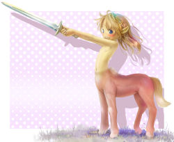 Rule 34 | 1boy, blonde hair, blue eyes, blush stickers, centaur, character request, child, holding, holding sword, holding weapon, male focus, medium hair, navel, pointy ears, smile, solo, sword, taur, the chronicles of narnia, tsukushi akihito, weapon
