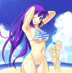 Rule 34 | 1boy, 2girls, armpits, arms behind back, arms up, beach, bikini, breasts, cloud, day, covered erect nipples, highleg, highleg bikini, highleg swimsuit, large breasts, long hair, looking at viewer, multiple girls, one eye closed, open mouth, outdoors, purple eyes, purple hair, sikorsky, smile, striped, swimsuit, underboob, very long hair, wink