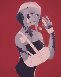 Rule 34 | 1girl, 7nite, absurdres, arm sling, au ra, warrior of light (ff14), bandage on face, bandaged arm, bandaged hand, bandaged head, bandages, bare shoulders, breasts, chinese commentary, collarbone, commentary request, dress, final fantasy, final fantasy xiv, highres, limited palette, lips, medium breasts, nail polish, red background, red eyes, red theme, scales, short hair, simple background, solo, strapless, strapless dress