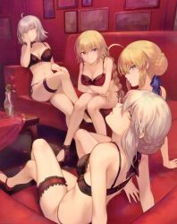Rule 34 | 4girls, absurdres, ahoge, arm support, artoria pendragon (all), artoria pendragon (fate), bare shoulders, black bra, black footwear, black panties, blonde hair, blue eyes, blue ribbon, blush, bow, bow bra, bra, braid, braided bun, breasts, bridal garter, cleavage, closed mouth, collarbone, couch, crossed arms, crossed legs, crown braid, elbow rest, expressionless, fate/apocrypha, fate/grand order, fate/stay night, fate (series), flower, green eyes, groin, hair between eyes, hair bun, hair ribbon, half-closed eyes, hand on own cheek, hand on own face, hand on own knee, head tilt, high heels, highres, indoors, jeanne d&#039;arc (fate), jeanne d&#039;arc (ruler) (fate), jeanne d&#039;arc alter (avenger) (fate), jeanne d&#039;arc alter (fate), jewelry, knees together feet apart, large breasts, leaning back, leaning forward, lingerie, long hair, looking at viewer, mashuu (neko no oyashiro), medium breasts, multiple girls, navel, necklace, panties, parted lips, photo (object), picture frame, red bra, red flower, red footwear, red rose, removed, ribbon, ribbon-trimmed bra, rose, saber (fate), saber alter, scan, short hair, side-tie panties, sidelocks, signature, single braid, single hair bun, sitting, smile, stomach, table, tareme, thighs, twitter username, underwear, underwear only, vase, very long hair, yellow eyes