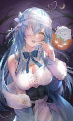 Rule 34 | 1girl, ahoge, bandaged arm, bandaged hand, bandaged head, bandages, bare tree, blouse, blue bow, blue bowtie, blue coat, blue hair, blush, bow, bowtie, braid, breasts, candy, candy cane, center frills, cleavage, cleavage cutout, clothing cutout, coat, commentary, corset, crescent moon, daifuku (yukihana lamy), eyepatch, flower, food, food in mouth, frills, fur-trimmed coat, fur trim, hair between eyes, hair flower, hair ornament, half updo, heart, heart ahoge, himonoata, hololive, large breasts, long hair, long sleeves, looking at viewer, medical eyepatch, moon, multicolored hair, night, off shoulder, open clothes, open coat, open mouth, pointy ears, shirt, sleeveless, sleeveless shirt, solo, streaked hair, tree, very long hair, virtual youtuber, white footwear, white shirt, yellow eyes, yukihana lamy