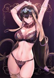 Rule 34 | 1girl, absurdres, armpits, arms up, bare shoulders, bead necklace, beads, blush, bra, breasts, brown hair, cleavage, closed mouth, detached sleeves, earrings, fate/grand order, fate (series), gradient background, hair between eyes, headpiece, highres, hoop earrings, jewelry, large breasts, long hair, looking at viewer, low-tied long hair, mashuu (neko no oyashiro), navel, necklace, panties, prayer beads, purple background, purple bra, purple panties, red eyes, scan, smile, solo, thighhighs, thighs, underwear, underwear only, very long hair, xuangzang sanzang (fate)