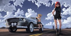 Rule 34 | 1boy, 2girls, alkemanubis, black footwear, blonde hair, blue eyes, boots, brown hair, car, cloud, crop top, cross-laced footwear, day, ford, ford mustang, ford mustang (1st generation), highres, lace-up boots, miniskirt, motor vehicle, mountain, multiple girls, original, red eyes, red hair, road, shelby gt500, short hair, short shorts, shorts, skirt, sky, spiked hair, tank top, vehicle, vehicle focus