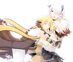 Rule 34 | 2boys, animal ears, arch bishop (ragnarok online), black jacket, black wings, blue eyes, blush, brown cape, brown pants, cape, cat ears, chain, closed eyes, closed mouth, commentary request, cropped jacket, cross, cross earrings, cross necklace, demon wings, earclip, earrings, feet out of frame, fur collar, hair between eyes, hair over one eye, head wings, hug, jacket, jewelry, long sleeves, looking at another, male focus, multiple boys, necklace, open mouth, oruserug, pants, ragnarok online, shadow chaser (ragnarok online), short hair, shrug (clothing), simple background, smile, smiley face, waist cape, white background, white hair, white jacket, white pants, wings, yaoi