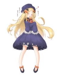 Rule 34 | 1girl, :d, abigail williams (fate), black bow, black dress, black footwear, black hat, blonde hair, bloomers, blush, bow, bug, butterfly, closed eyes, dress, fate/grand order, fate (series), forehead, hair bow, hat, highres, hugging object, insect, long hair, long sleeves, open mouth, orange bow, parted bangs, polka dot, polka dot bow, revision, shoes, simple background, sleeves past fingers, sleeves past wrists, smile, solo, stuffed animal, stuffed toy, tan (kiriya0752), teddy bear, translated, underwear, very long hair, white background, white bloomers